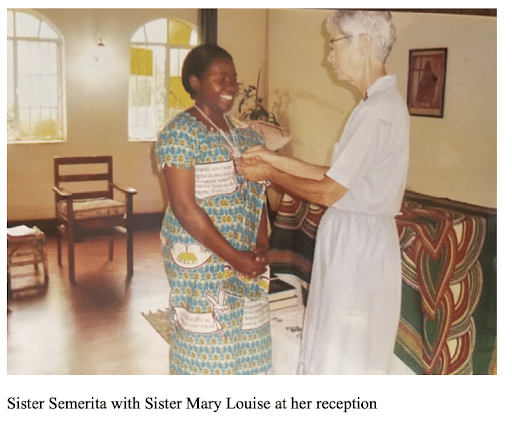 Sister Semerita (left) and Sister Mary Louise (right) at her reception to candidacy program formation at Jinja Convent